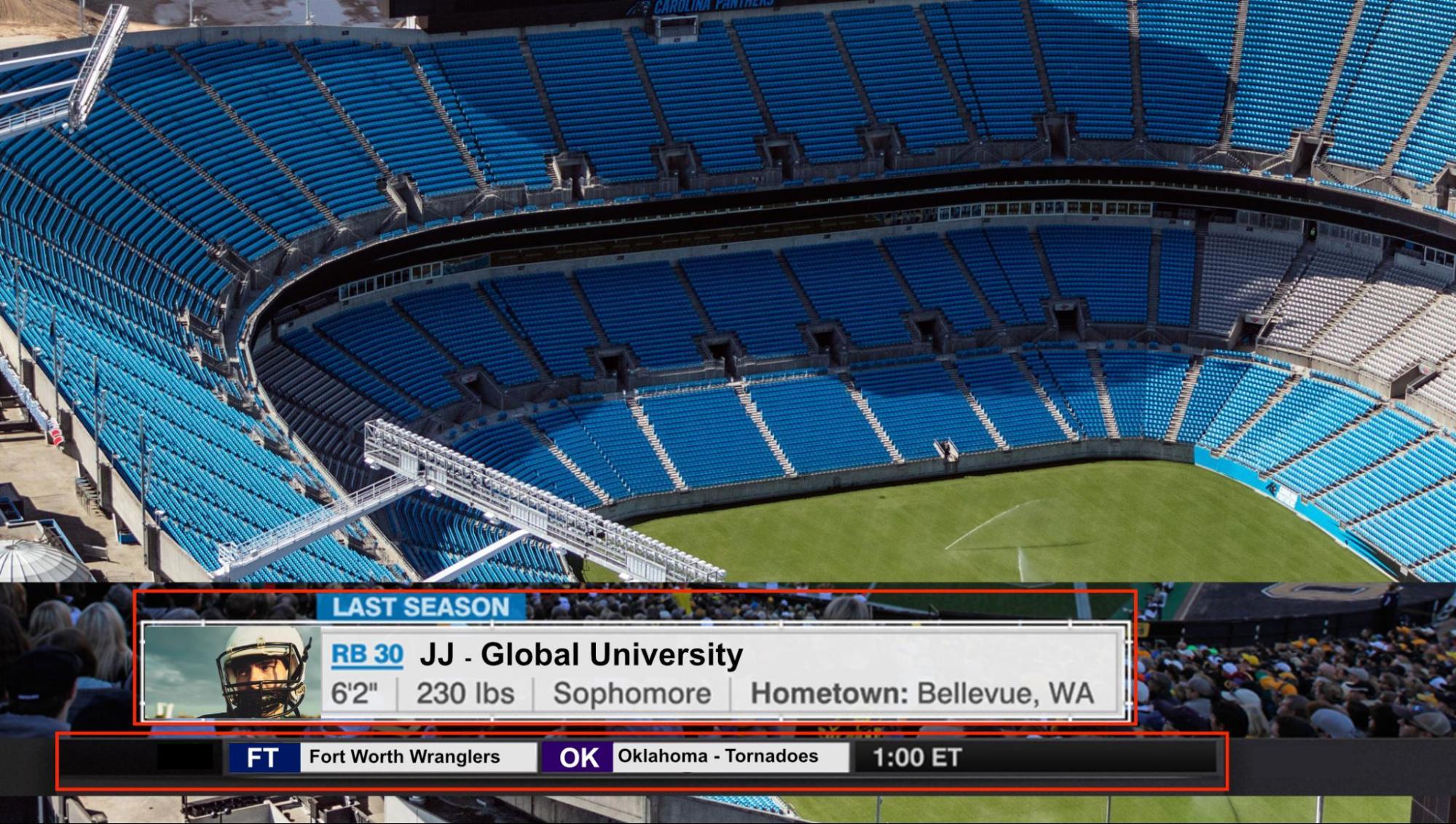 A screenshot of a live American football game broadcast that displays live scores from other football games on the bottom of the screen. Directly above the live game scores, there is a player stat board that also auto-updates.