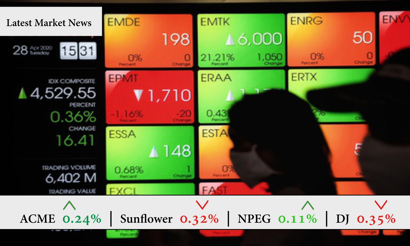 Live stock market information news broadcast with auto-updated stock prices for various companies displayed at the bottom of the screen.