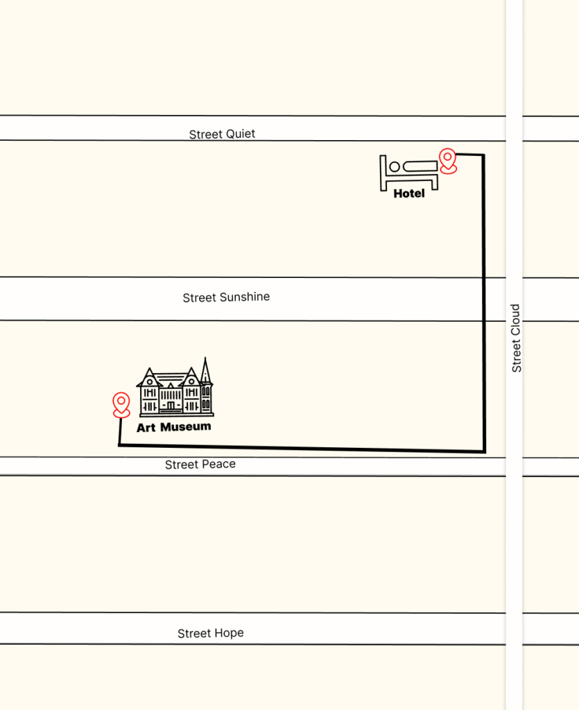 Map displaying the path to walk from the Hotel to the restaurant inside the museum. Detailed directions are provided in the text below the map.