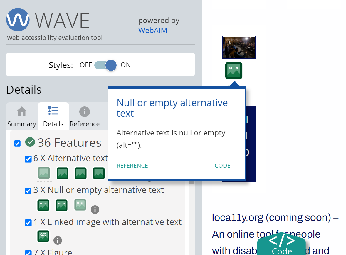 WAVE test results. The details panel shows three images with empty alternative text. One of the three images is selected and shown as coded decorative.