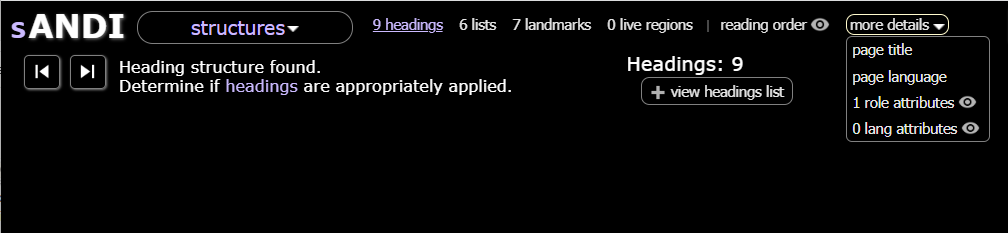 Screenshot of the ANDI test tool with the “Structure” module and “more details” selected. “Page title” is one of four options available under “more details.
