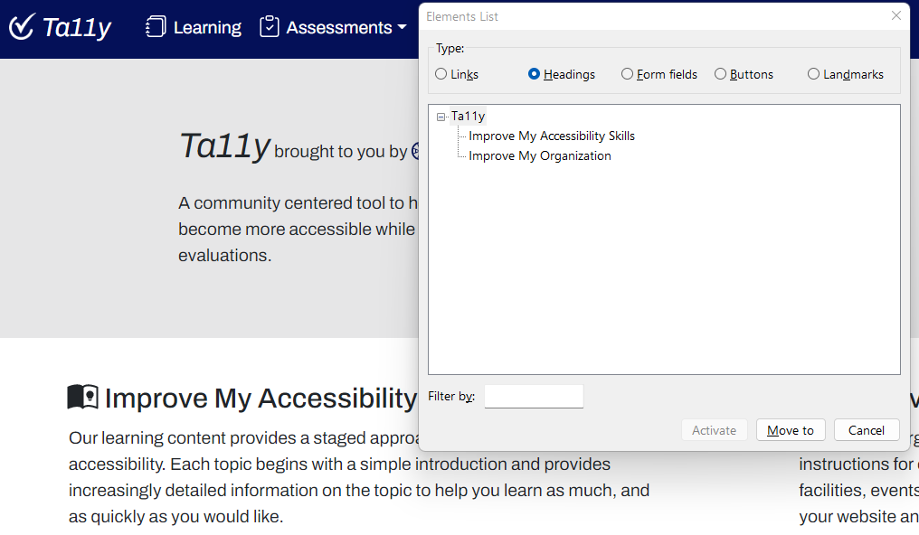 Screenshot of the Ta11y home page showing the corresponding list of headings generated by a screen reader: Ta11y (level 1), Improve my accessibility skills (level 2) and Improve my organization (level 2).
