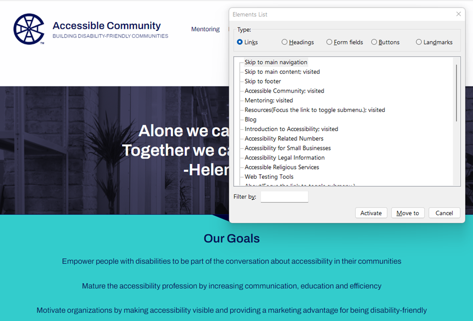 Screenshot showing the list of links generated by an NVDA screen reader for the Accessible Community Home Page. See text for full description.