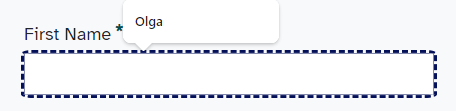 Focused textbox for the required "First Name" form field showing the user's first name suggested.