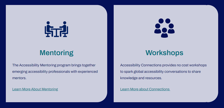 Screenshot of two cards on a web page, one for Mentoring and one for Workshops. There is a single mentoring link, "Learn more about mentoring" and a single Workshop link, "Learn more about workshops."