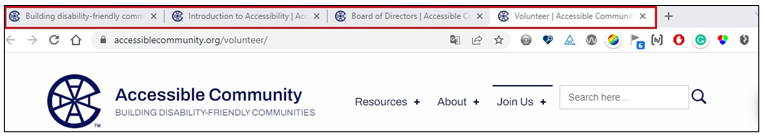 Screenshot showing several browser tabs with the page titles for the Accessible Community website that identify each page.