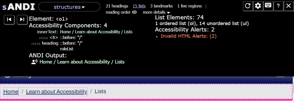 Screenshot of ANDI Table Test Results showing code and list items for the Breadcrumb Links list. Following text provides the full description