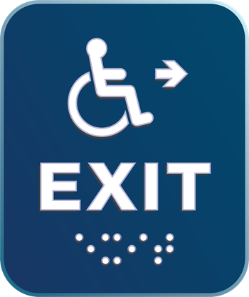 Exit sign with accessible features, including raised pictographs of a wheelchair and arrow, raised sans-serif letters for the word “EXIT,” and braille.