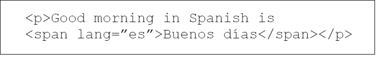 This sentence contains the words "good morning" in Spanish, wrapped in a span tag with the attribute lang="es".