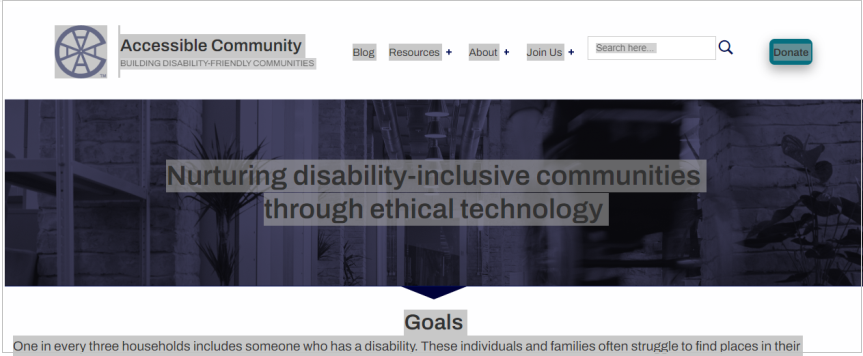 Screenshot showing non-highlighted background images on the Accessible Community Home page. The search icon and the large photo behind the white text heading are not highlighted when the cursor is dragged over the page.
