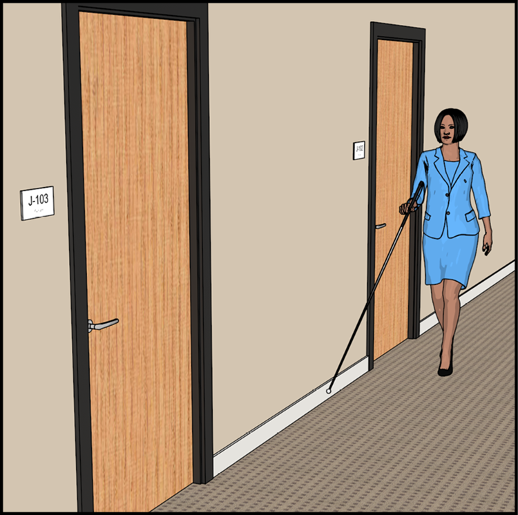 Illustration of a person using a white cane to navigate a hallway with two doors that have identifying signs. The nearest sign has “J-103” and braille characters, indicating the room’s name.