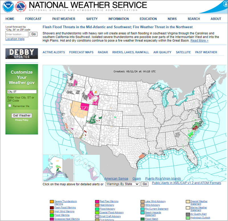 An image map of the United States from the National Weather Service that contains colored clickable areas for every county. Each U.S. county is color-coded to indicate what kind of weather is being experienced in each county.