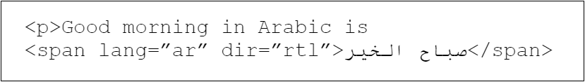 This sentence contains the words "good morning" in Arabic, wrapped in a span tag with the attributes lang="ar" and dir="rtl".
