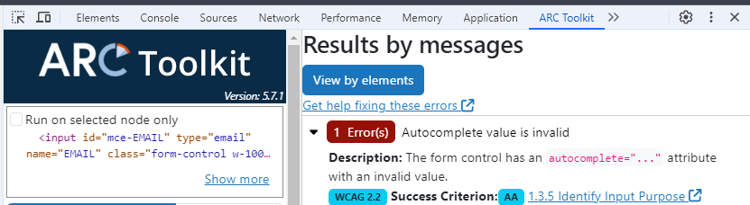 A screenshot of the ARC Toolkit report with an error message pointing to an invalid autocomplete value.