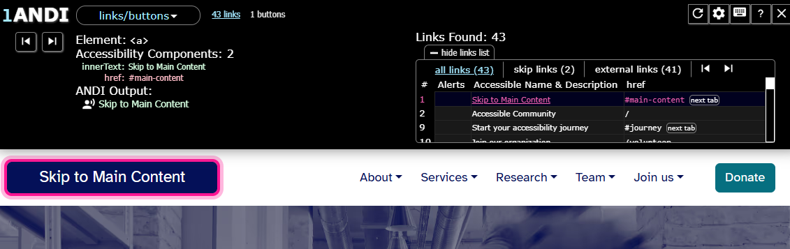 Screenshot of ANDI Link Test Results. Two skip links are identified, and one is selected from the list of links. ANDI output for the selected link is “skip to main content,” and code for a link element is shown. The skip link is displayed on the web page.