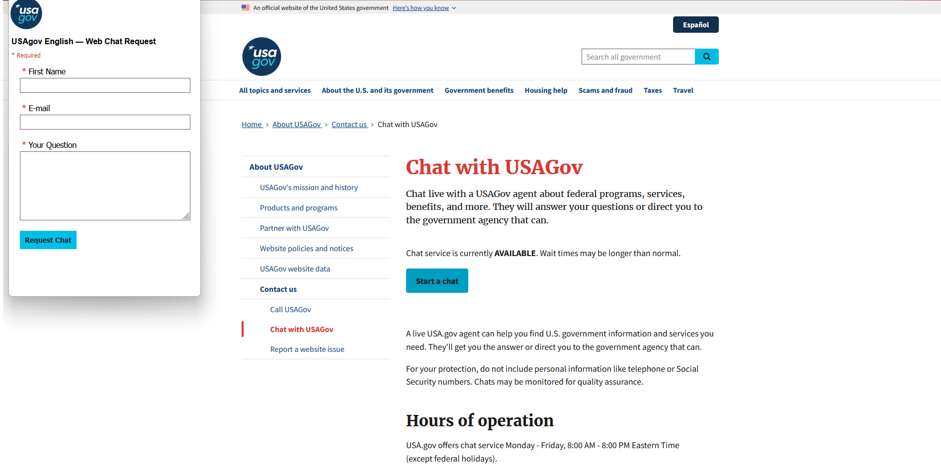 Web page with an open chatbot window located in the top left corner of an empty margin.