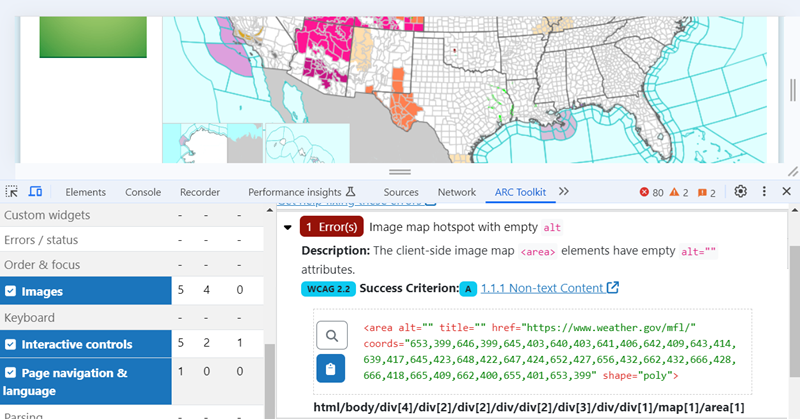 An image map of the United States from the National Weather Service that contains colored clickable areas for every county. An ARC Toolkit report shows an error reporting an image map hotspot with empty alt text and the corresponding source code.