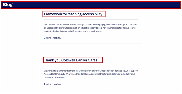 Screenshot of the headings on the accessible community blog page that identify each blog article.