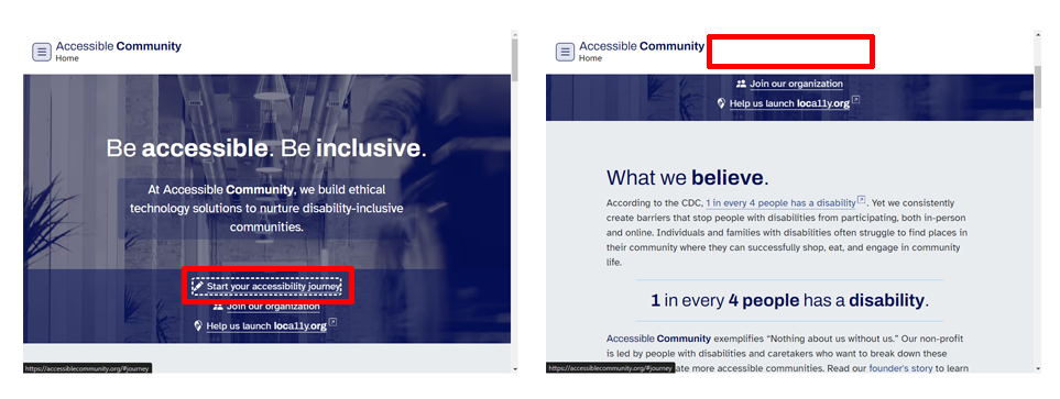 Two screenshots of one webpage. One screenshot shows a focus indicator around a link below the header, enhanced by a red outline for better visualization. The other shows only a red outline to indicate the same link, obscured by a sticky header.