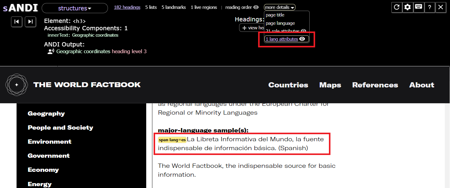 Screenshot of language attribute test results using ANDI. Markup has been added to the web page immediately before a sentence in Spanish that says "span lang=es".