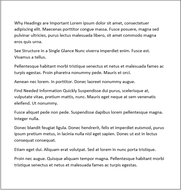 Document with 1 level 1 heading and 2 level 2 headings. All headings are the same size and weight as the other text.