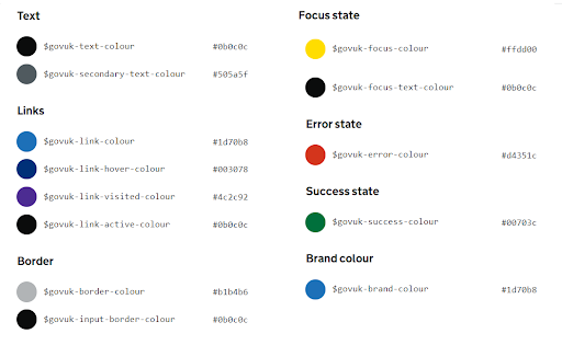 Screenshot showing the key colors for the GOV.UK Design System. The following text explains the colors and how they are used.