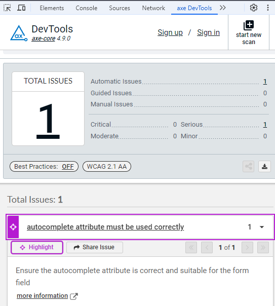 A screenshot of the axe DevTools report pointing to a serious issue. The issue report states that the autocomplete attribute must be used correctly.