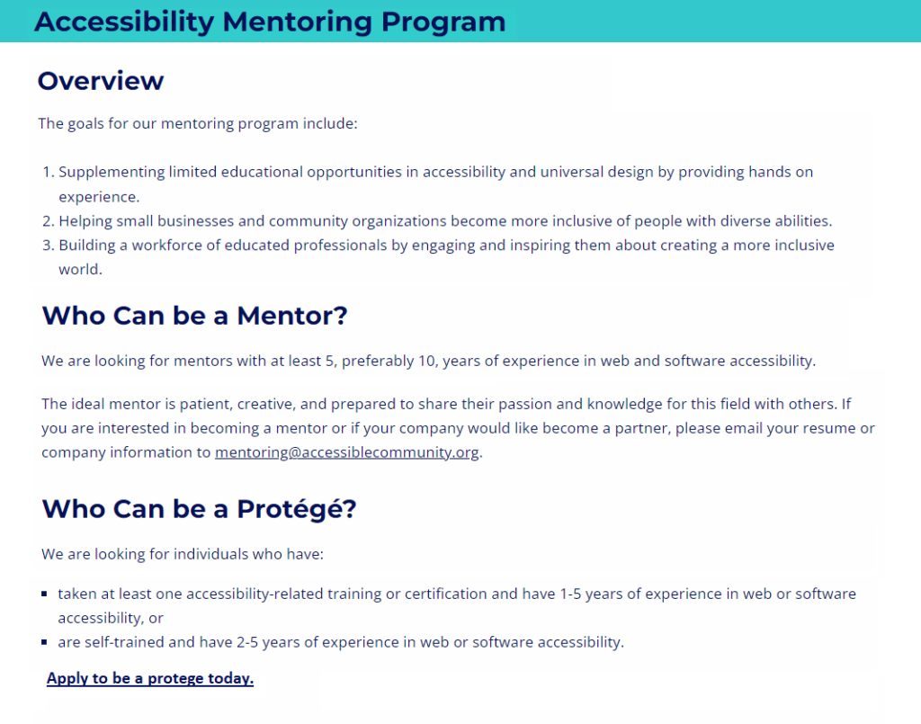 Screenshot of the Mentoring web page with one Heading 1 and three Heading 2s, Fully described in the following text.