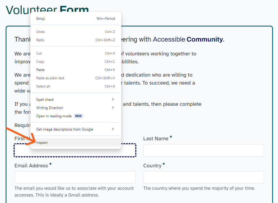 A screenshot of a web page form after right-clicking on the first name input field. An opened context menu is above the input field, and an arrow points to the Inspect option.