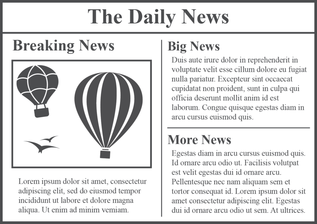 A well designed newspaper page with the newspaper title at the top, a large main headline with an image on the left side of the page and two smaller headlines to the side.
