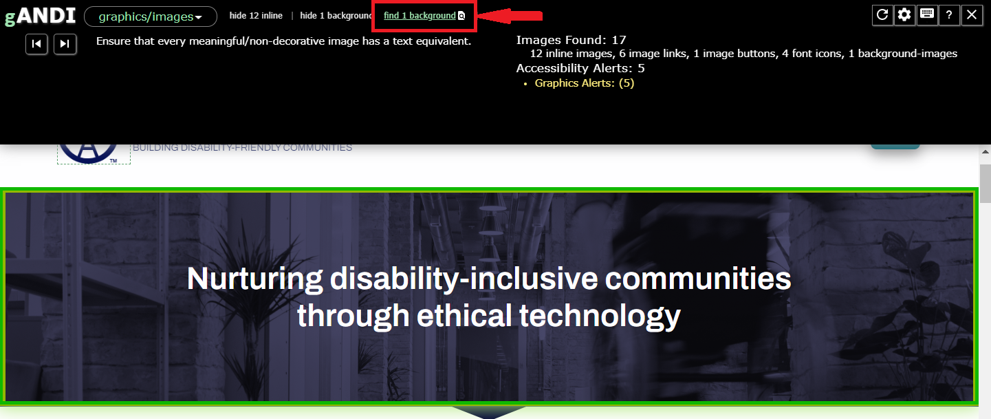 Screenshot of the ANDI “Find Background” Test Results identifies the graphic behind the heading as a background image by adding a green border around it. See the text for a full description.