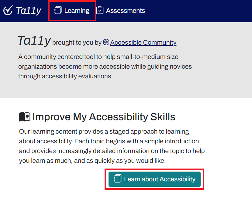 Screenshot of Ta11y's home page that has a "Learn" link in the navigation section and a "Learn about Accessibility" link in the main section that both go to the same destination.