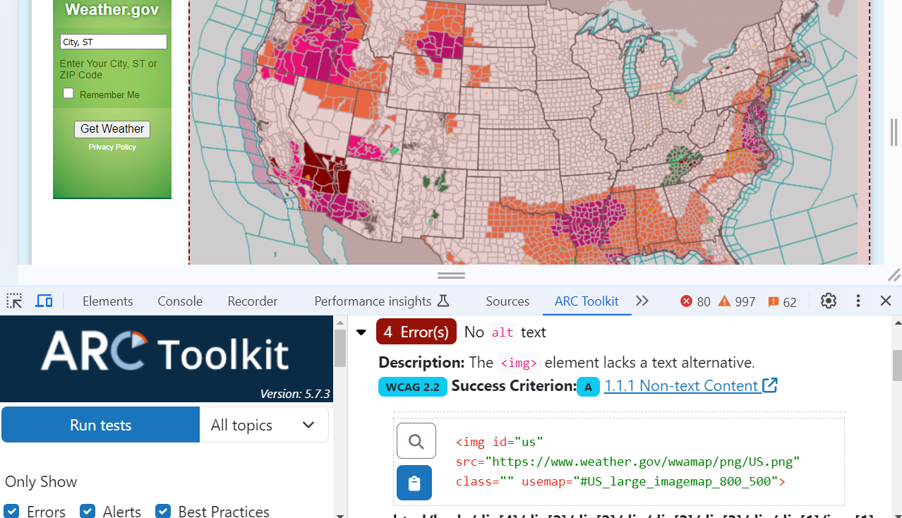 An image map of the United States from the National Weather Service that contains colored clickable areas for every county. An ARC Toolkit report shows 4 missing alt text errors. One error reporting no alternative text is expanded to show the corresponding source code.