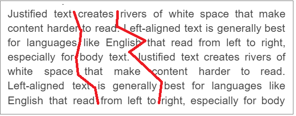 A paragraph of justified text with two rivers of whitespace. A red line highlights both text rivers.