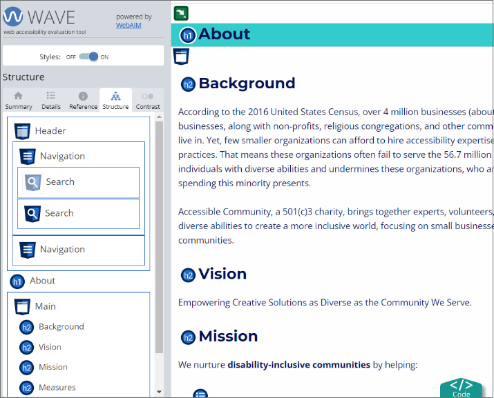 Screen capture of WAVE test results after selecting the "Structure" tab. The test results panel shows a heading structure with one H1 heading and four H2 headings. The web page has been marked with icons indicating the location of each of the headings identified in the test results.