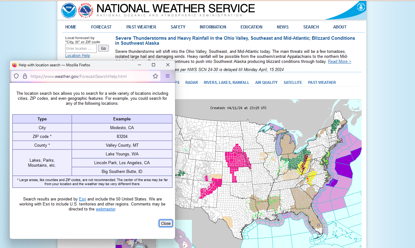 A National Weather Service webpage with a small popup window that explains different ways to search for a location. The popup window covers up part of a U. S. map.