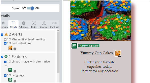 Screenshot of WAVE test results showing a redundant link alert present on a webpage. The text and the adjacent image link are marked up on the page with icons indicating they have the same text.