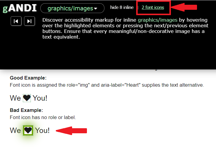 Screenshot of the ANDI “Font Icon” Test Results identifies a “heart” font icon without an image role assignment by adding a green border around it. A previous “heart” font icon with the image role assigned does not have a green border.