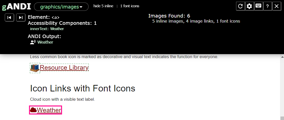 ANDI test results show the Weather icon is coded within a link that contains text (the "innerText" of the <a> tag). The link text provides the ANDI Output of "Weather."