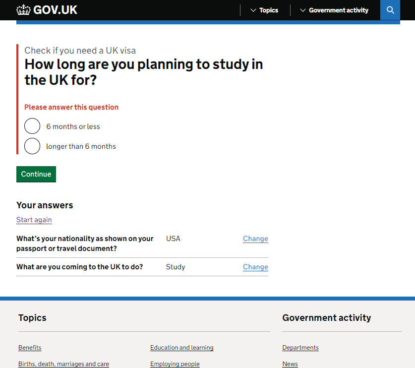 Screenshot of a GOV.UK visa application page. Details are in the following text.