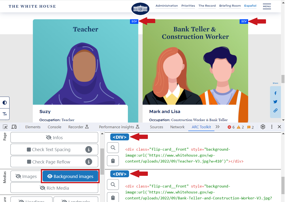 Screenshot of the ARC “Background Images” Test Results identifies two div elements with background images on the web page. The “Background Images” option is selected in the ARC “highlight” pane, and a code snippet for each of the two divs with a background image is shown in the “Background Images” pane.