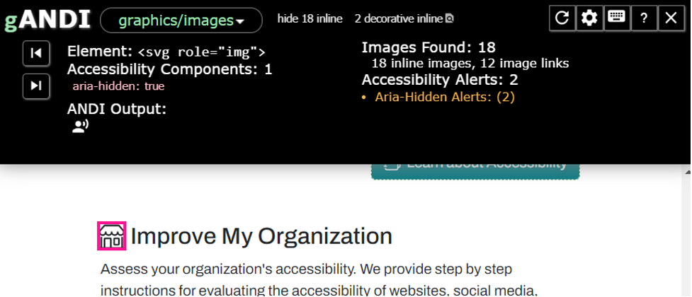 ANDI test results for the decorative house icon show the SVG icon has a role of "img" and the "aria-hidden" attribute is set to true. The ANDI Output is empty (null).