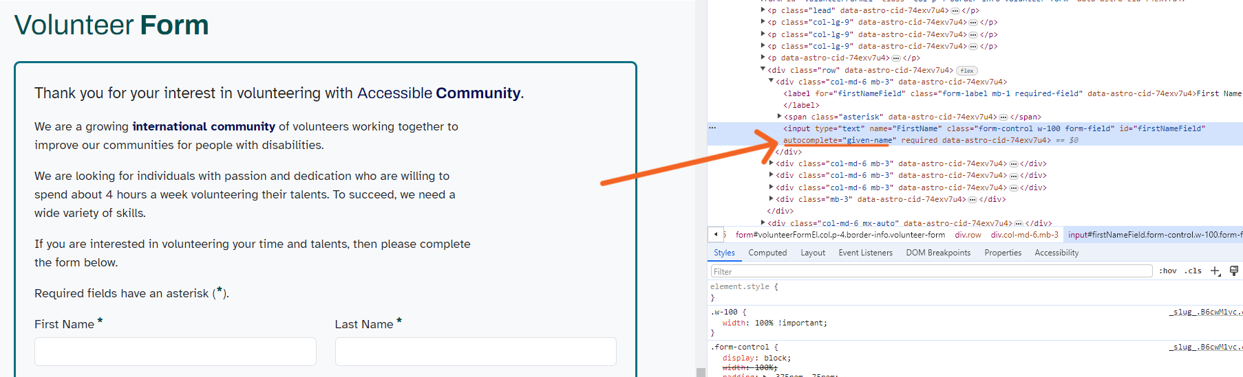 A screenshot of the web page's form on the left with an arrow pointing to the autocomplete attribute inside HTML code in the open browser's DevTools window on the right.