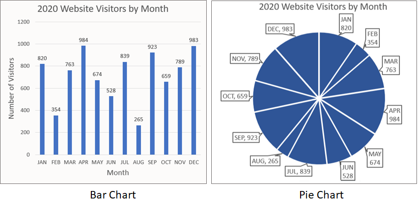 Two charts showing the monthly number of website visitors for 2020: a bar chart and a pie chart. The bar chart lists the number of visitors on the vertical axis and the months on the horizontal axis. Each bar is labeled with the exact number of monthly visitors. The pie chart is divided into 12 sections with a label indicating the month and the number of visitors for that month.