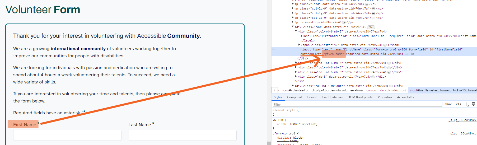 A screenshot of the web page's form with a highlighted First Name form field on the left with an arrow pointing to the highlighted autocomplete attribute value inside HTML code in the open browser's DevTools window on the right.