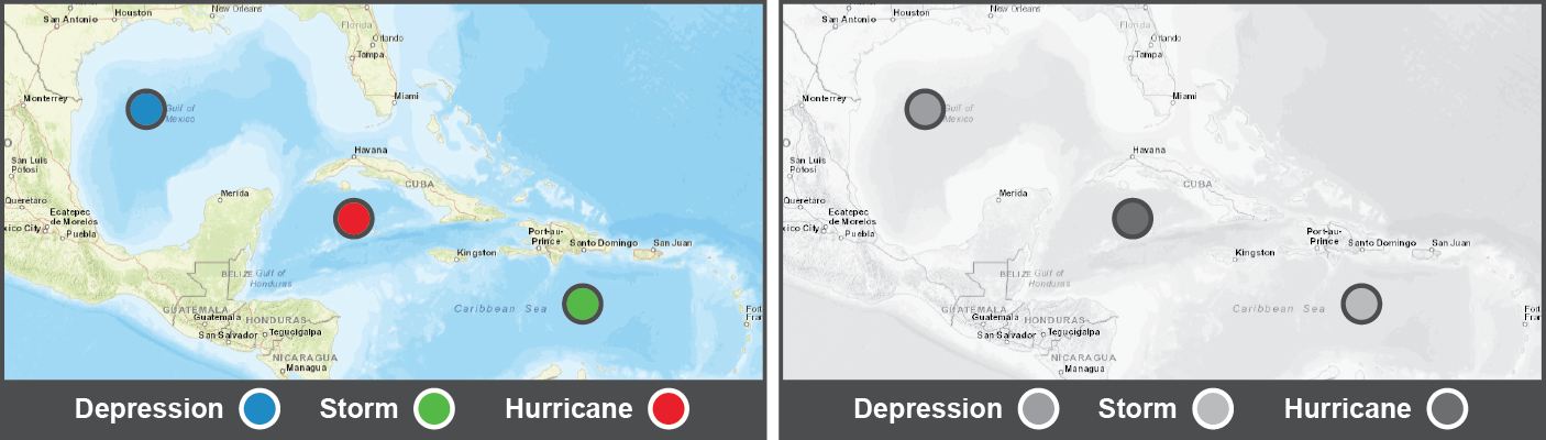 Two maps (color and grayscale) with differently colored circles to indicate weather conditions. Fully described in the text.