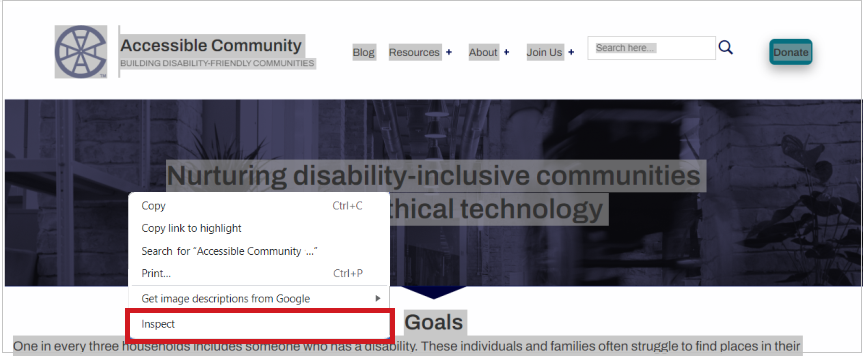 Screenshot of the context-sensitive menu that appears after right-clicking on a web page. In this example, the menu options are: copy, copy link to highlight, search for Accessible Community, print, get image descriptions from Google, and Inspect.