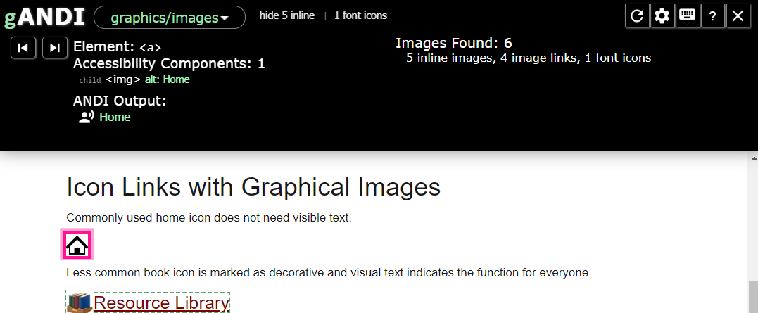 ANDI test results show the house image is correctly coded within an <a> tag. The image’s alt text and the ANDI Output both read "Home"