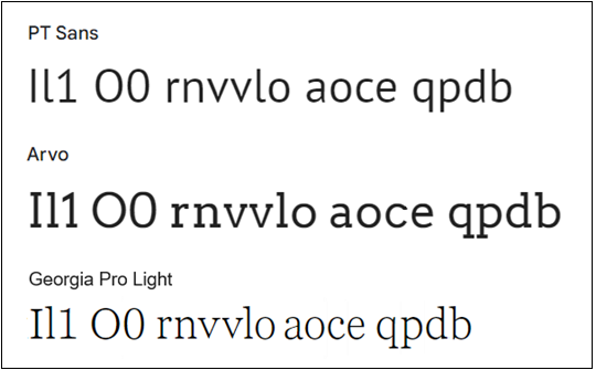 Three fonts with the text string “Il1 O0 rnvvlo aoce qpdb.” The preceding text describes the three fonts.