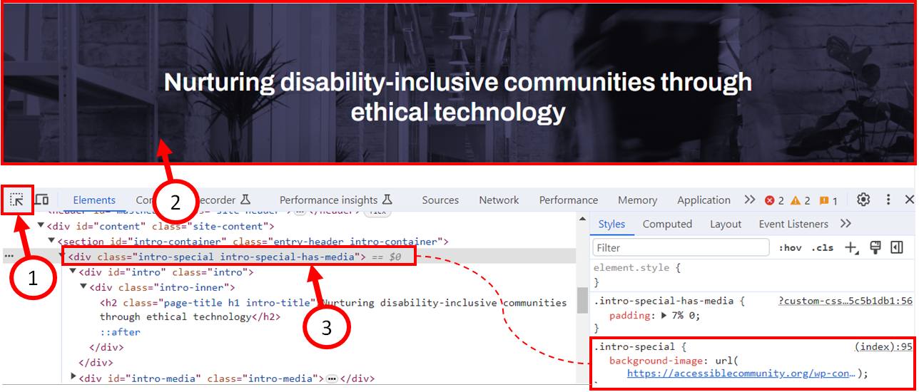Screenshot of a web page showing numbered steps to inspect the code with the browser’s DevTool. Number 1- Identifies the Inspect icon. Number 2 - Identifies the element on the page that will be inspected. Number 3 - Identifies the element’s code in the DevTool Elements pane.